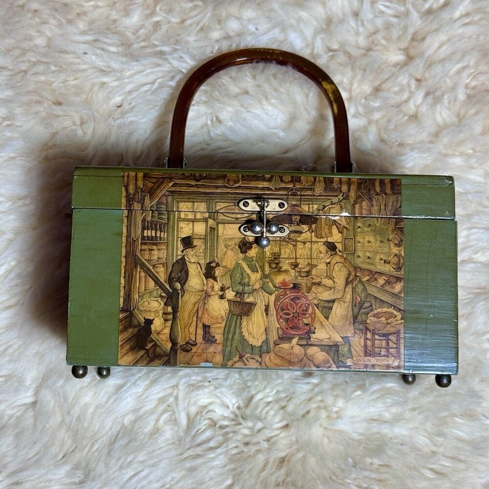 Vtg 1970s Anton Pieck Decoupage Wooden Box Purse Handbag Grocer Scene Lucite